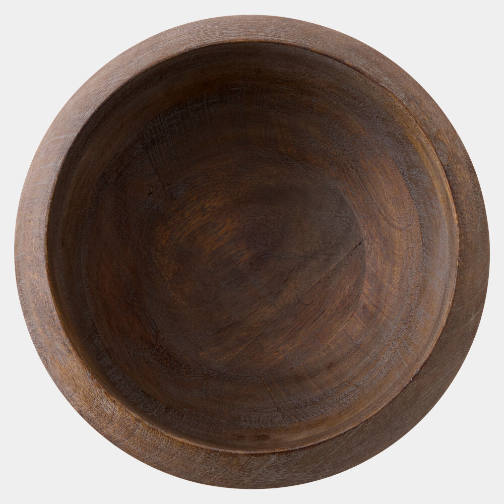 A round wooden bowl with a dark brown finish and visible wood grain, photographed from directly above on a light gray background.
