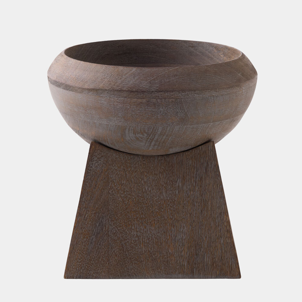 Wooden bowl on a wooden stand with a white background