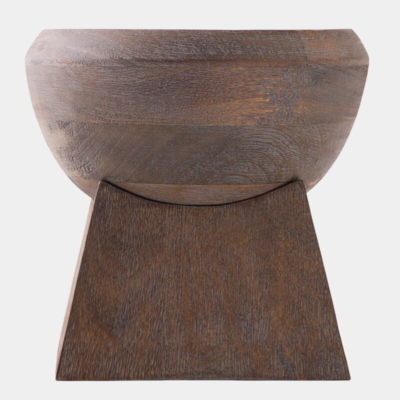 Wooden stool with a round seat and square base on a white background