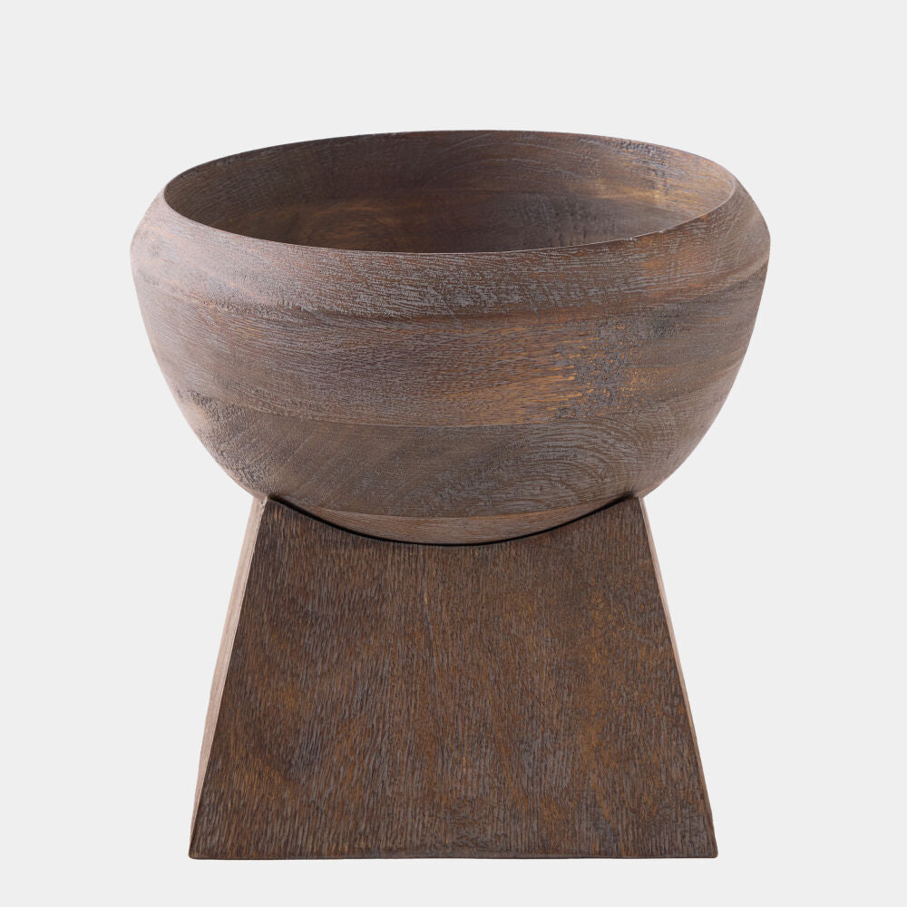 Wooden bowl with a pedestal base on a white background