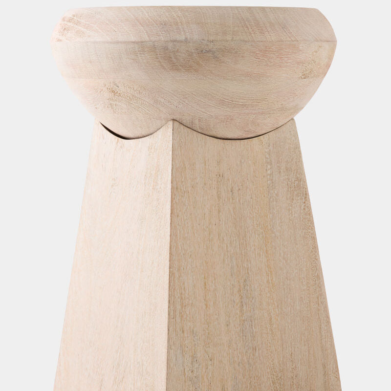 Wooden stool with a geometric design on a white background