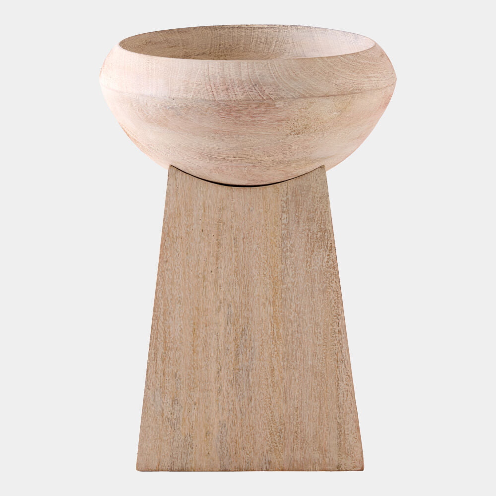Wooden bowl on a stand with a plain background