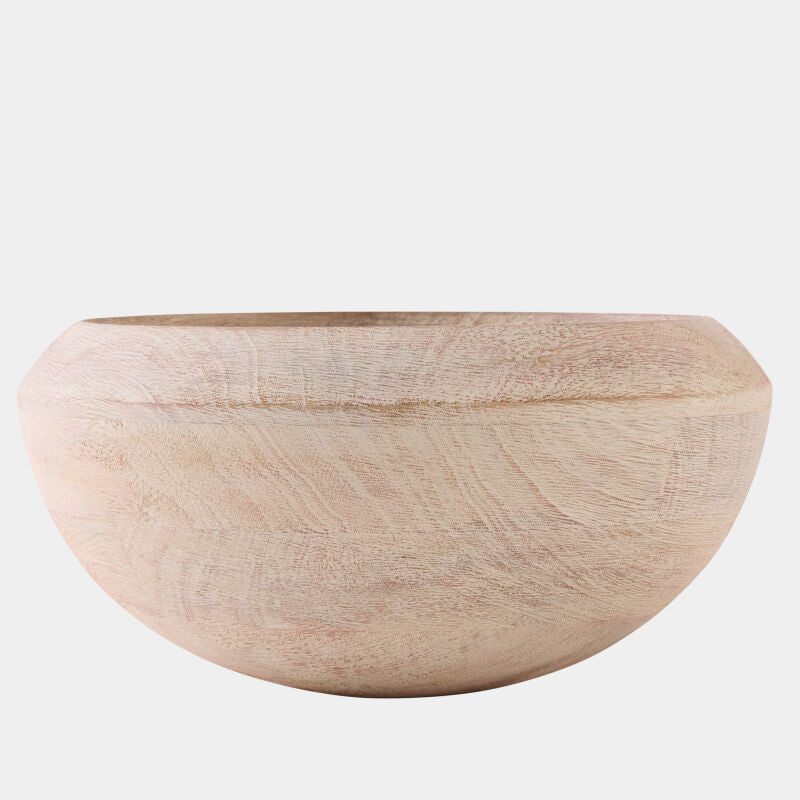 A round wooden bowl with a natural light beige finish and visible wood grain, photographed against a solid light gray background.