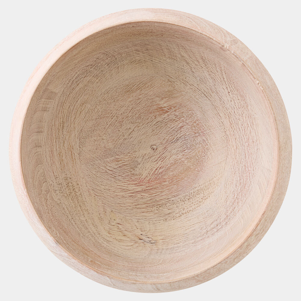 A round wooden bowl with a natural light tan finish and visible wood grain, photographed from directly above on a light gray background.