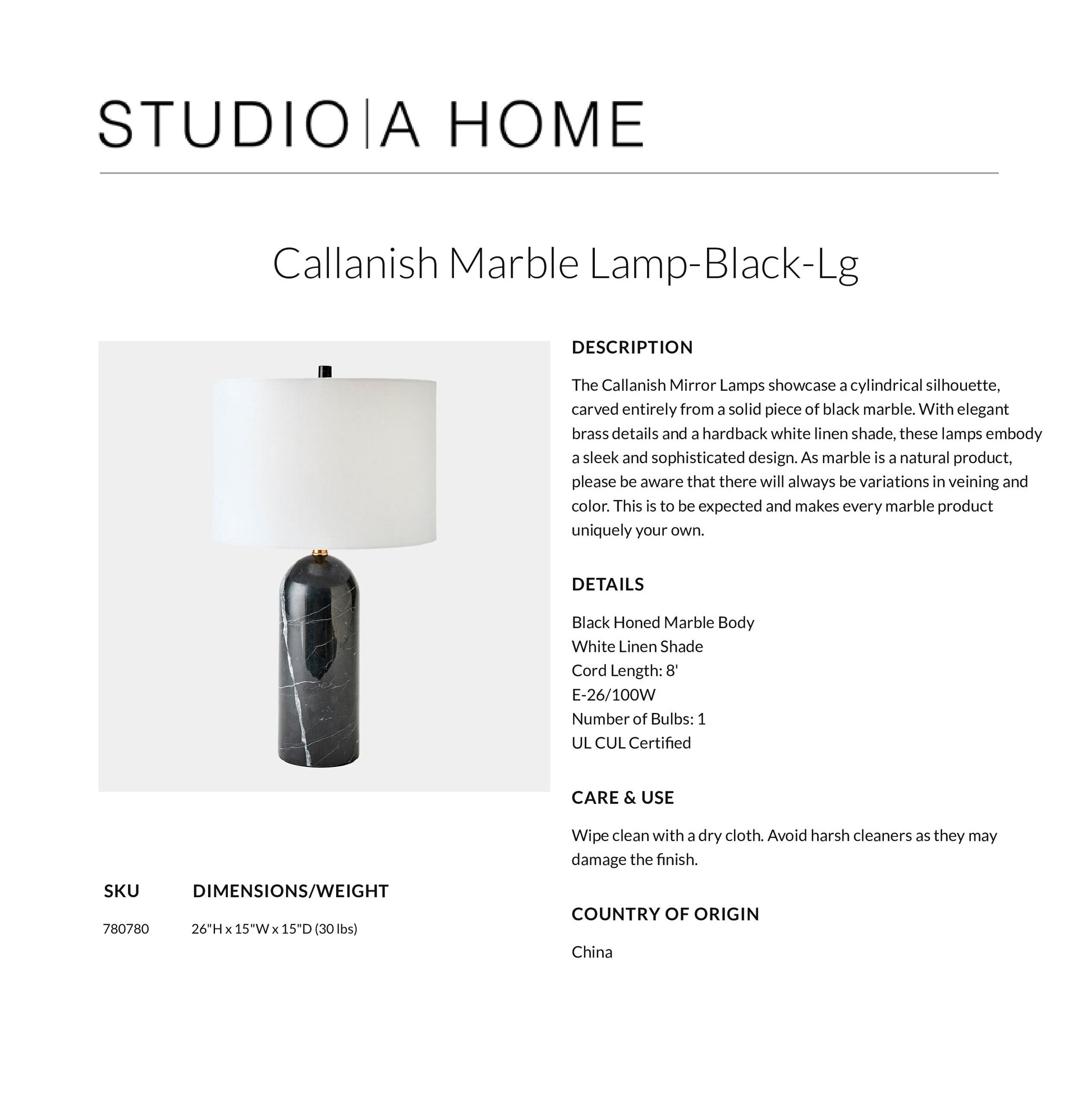 Product description card for Callanish Marble Lamp-Black-Lg by Studio A Home on a white background.