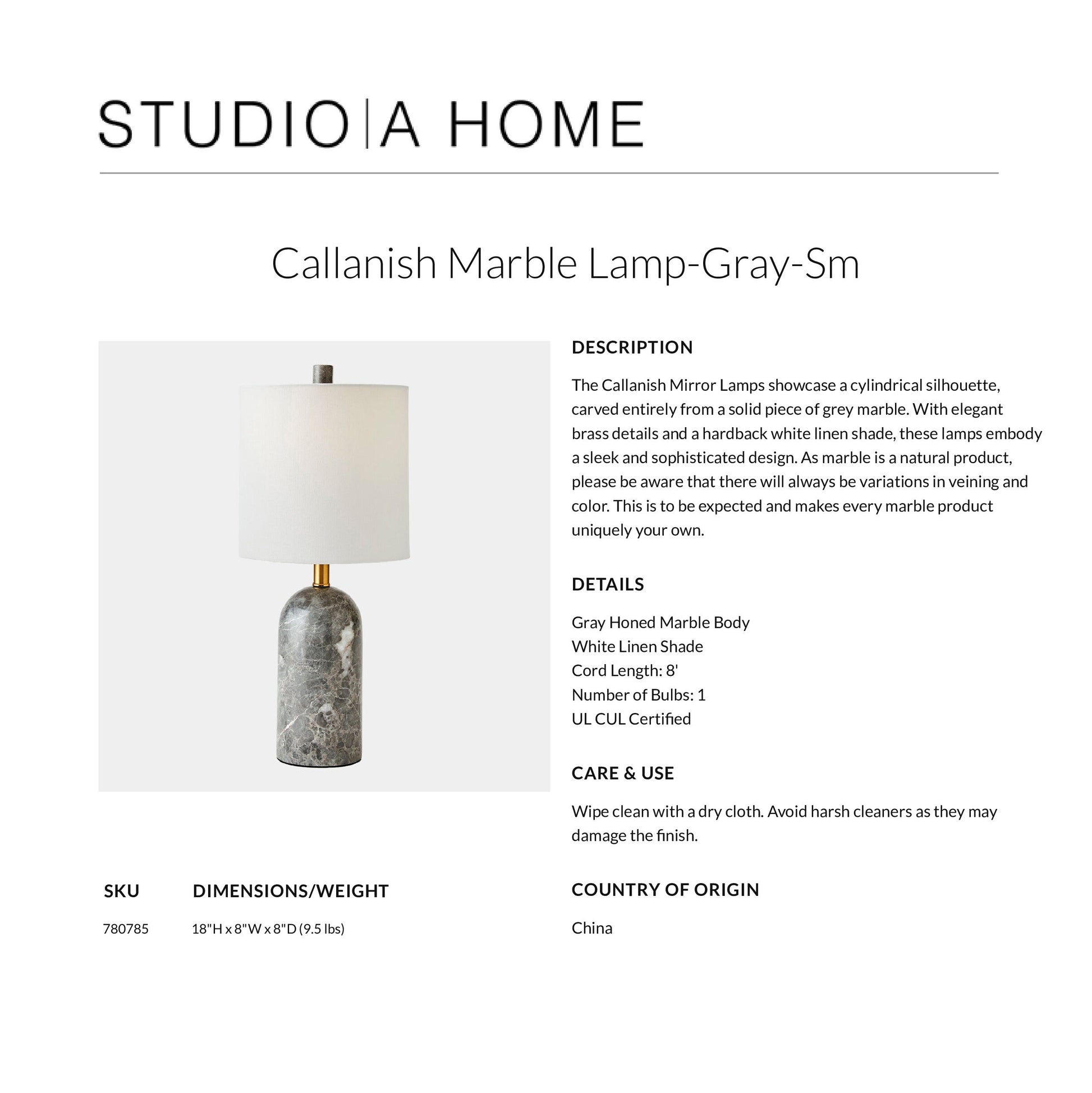 Callanish Marble Lamp-Gray-Sm by Studio A Home with product details on a white background.