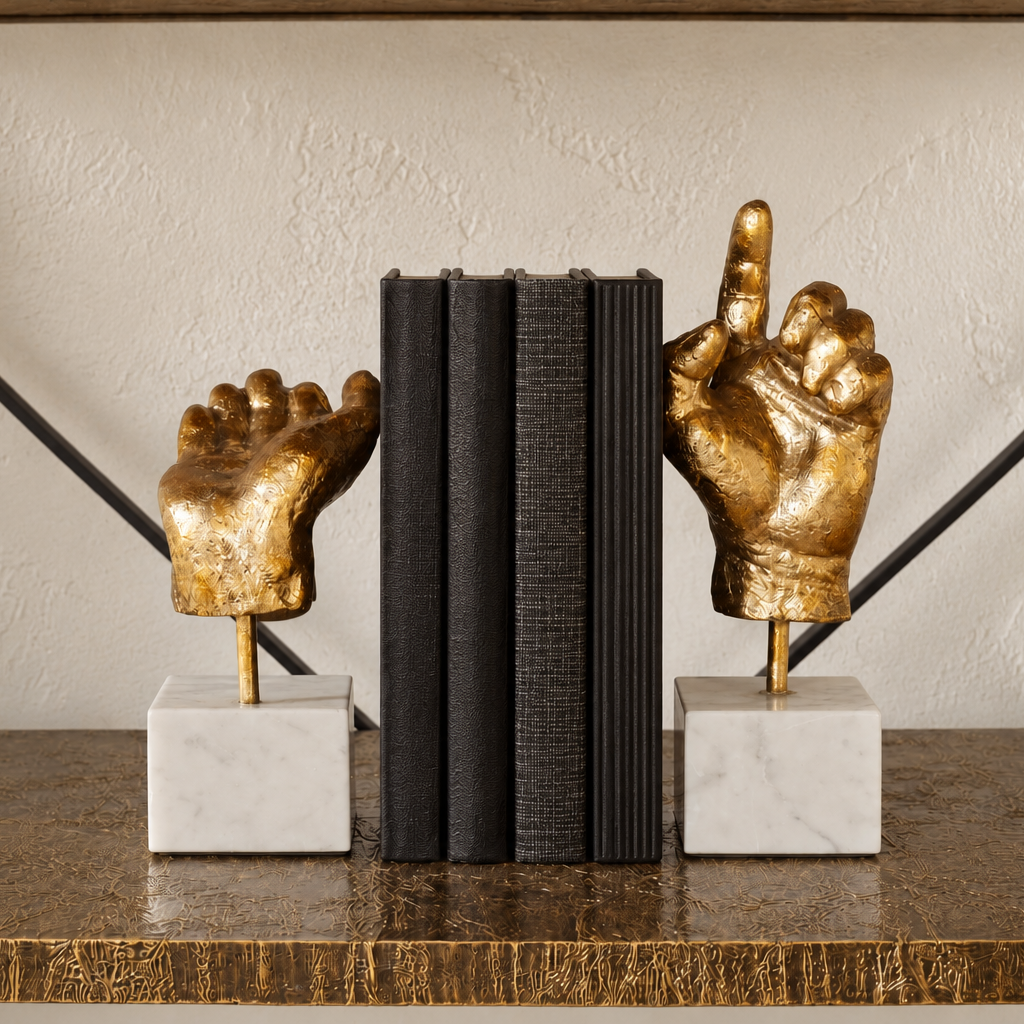 A pair of gold hand sculptures on white marble bases holding a set of three black books on a wooden shelf against a textured beige wall.