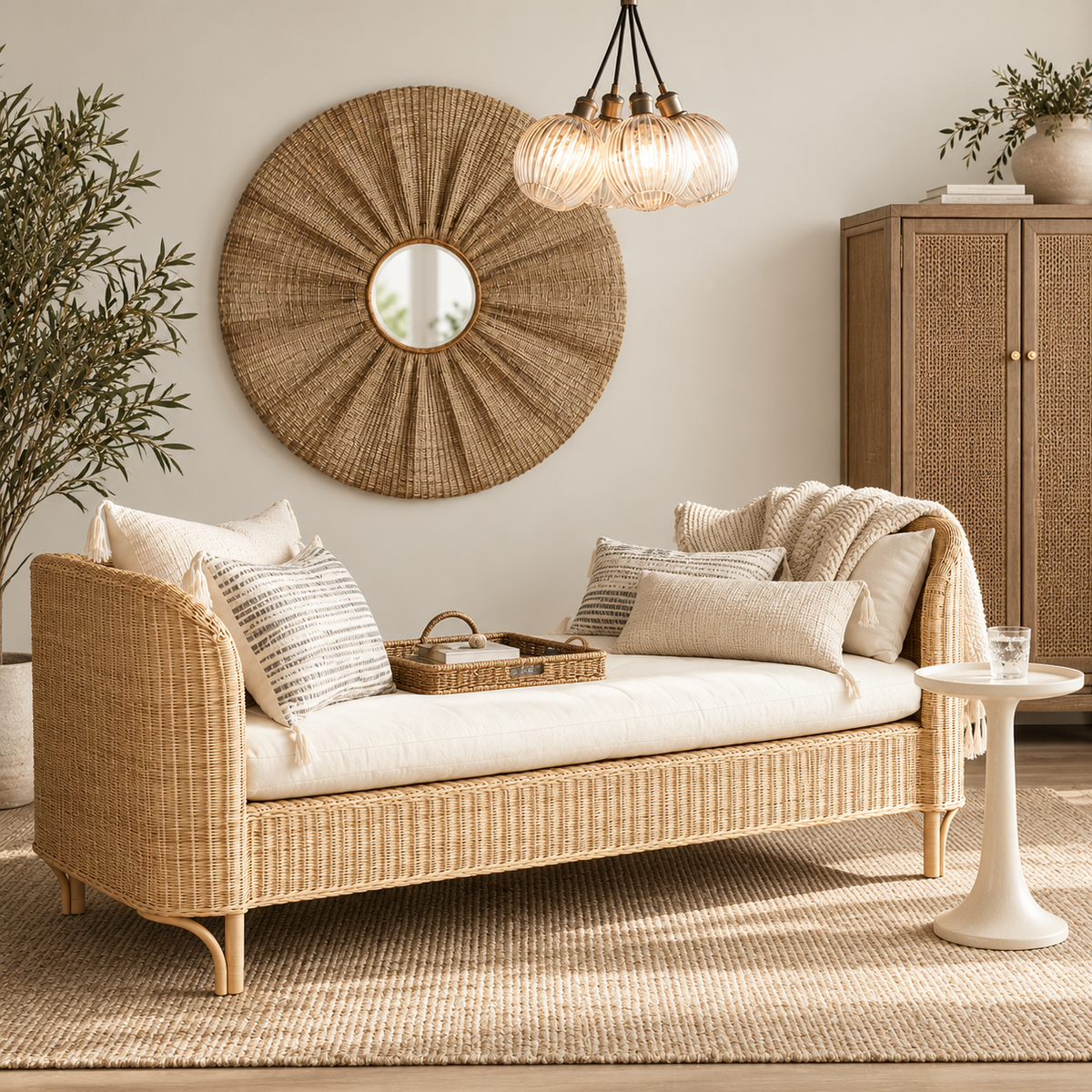 A woven rattan daybed with cream cushions and striped pillows, styled in a warm, neutral-toned living room with a matching rattan cabinet, a round sunburst mirror, and a hanging glass chandelier.