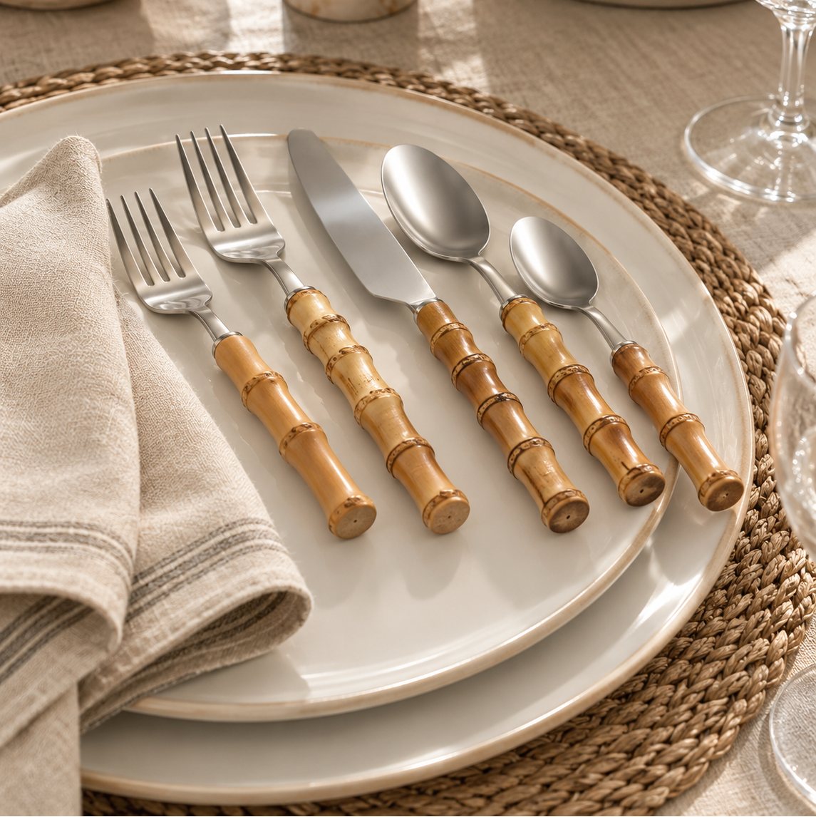 Five-piece flatware set with polished silver metal heads and warm brown wooden bamboo handles