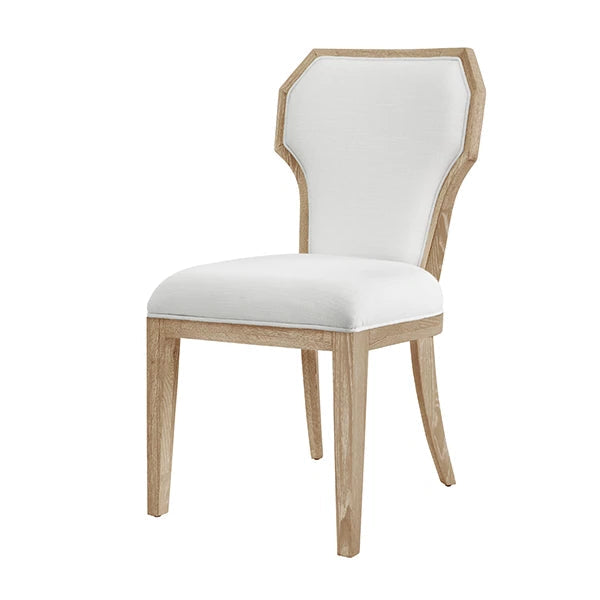 A modern dining chair with a light natural oak wood frame and white upholstered seat and backrest, shown on a plain white background.