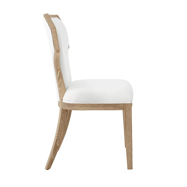 Chair with white cushioned seat and backrest on a white background