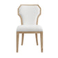 Chair with white cushioned seat and backrest on a light wood frame against a white background