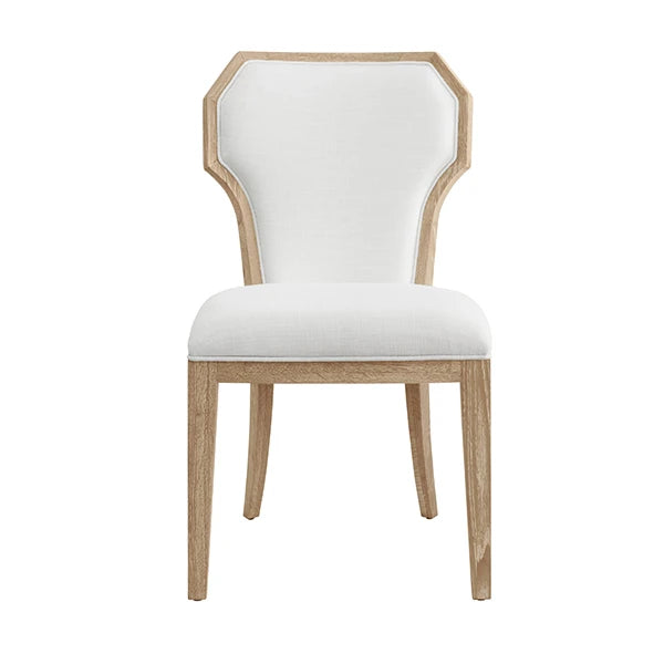 Chair with white cushioned seat and backrest on a light wood frame against a white background