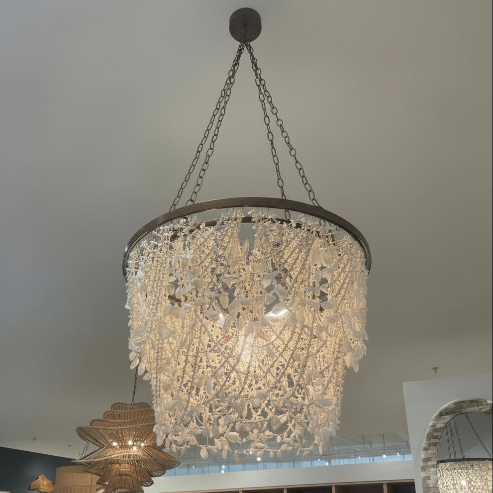 Terza Chandelier White Shell and Gold Metal