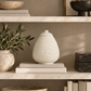  Blanc de chine ribbed patterned egg shaped white vase with a lid on a styled shelf