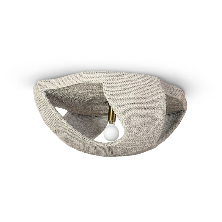 Ceiling light fixture with woven design on a white background