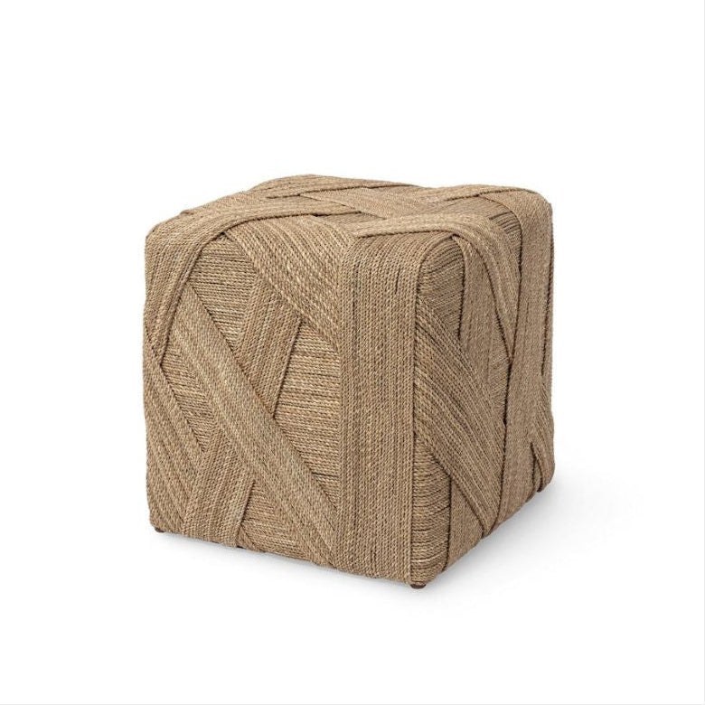 Beige woven cube ottoman on a white background