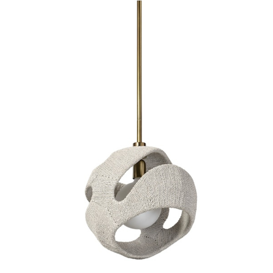 Pendant light with textured white shade and brass fixture on a white background