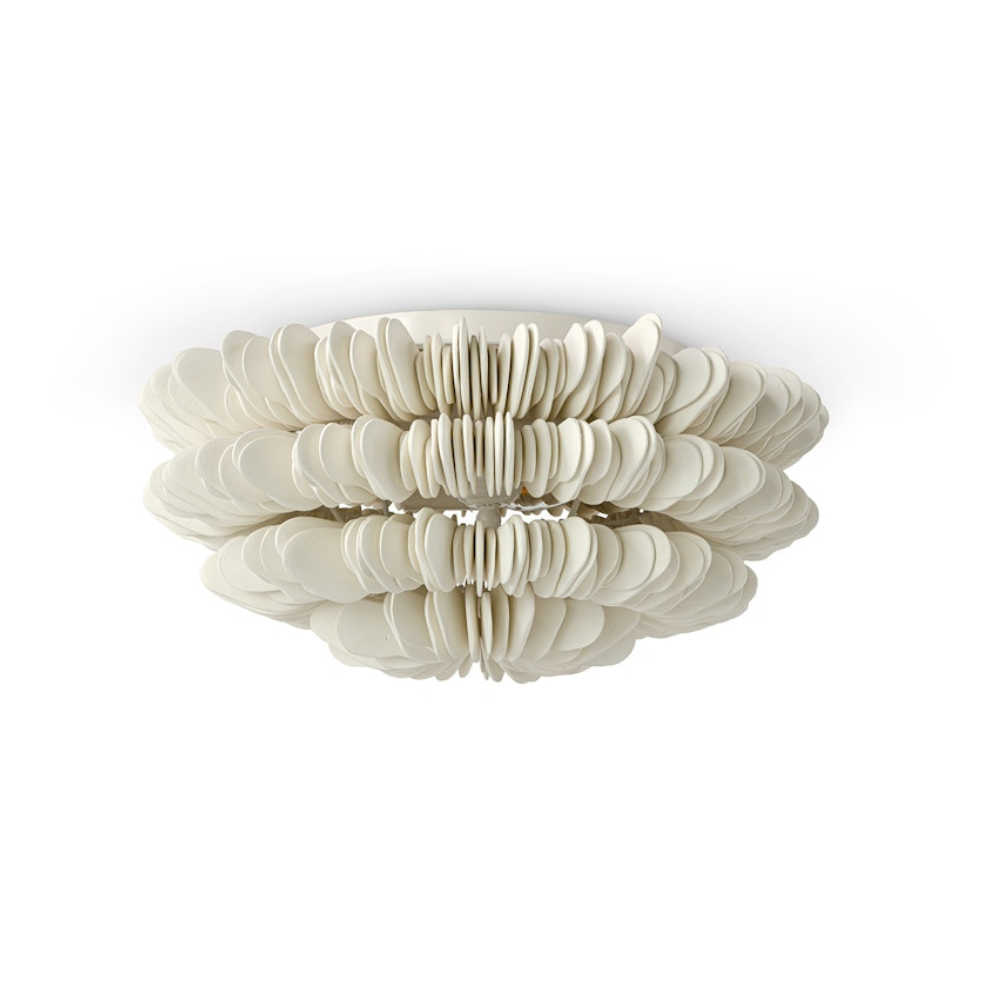 Decorative ceiling light fixture with a ribbed design on a white background