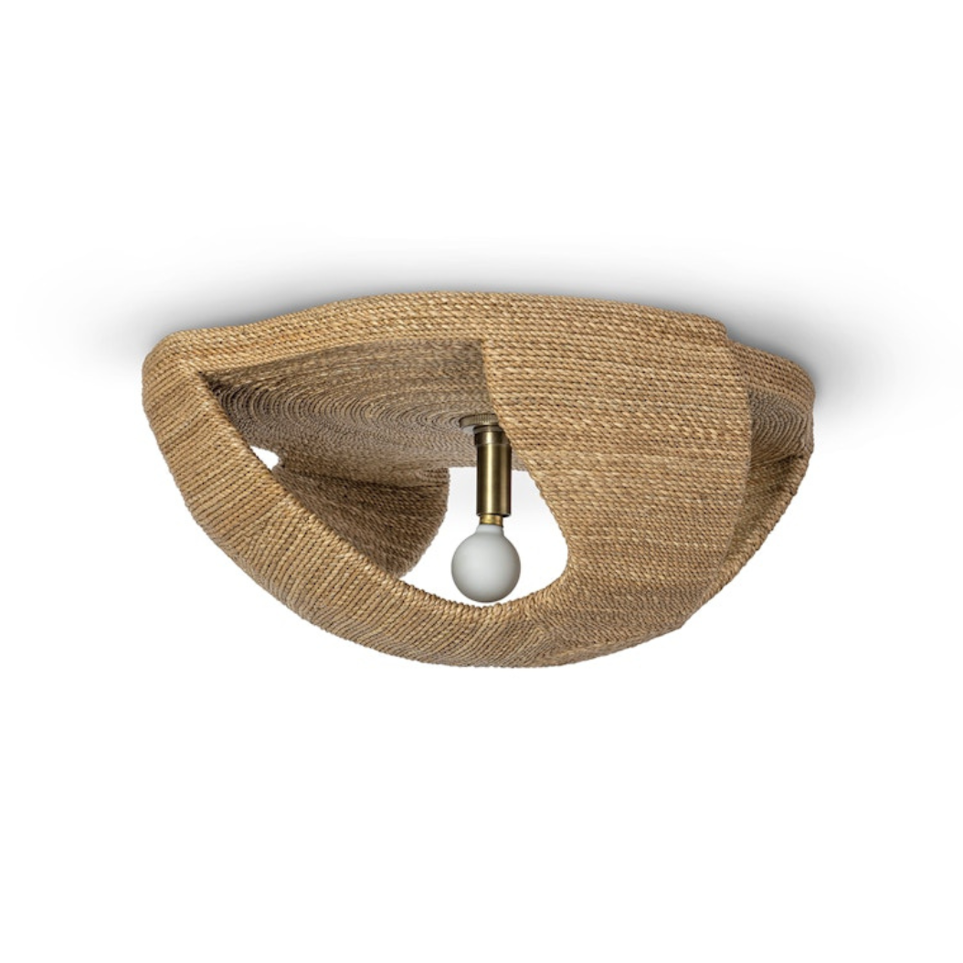 Ceiling light fixture with woven design and white bulb on a white background