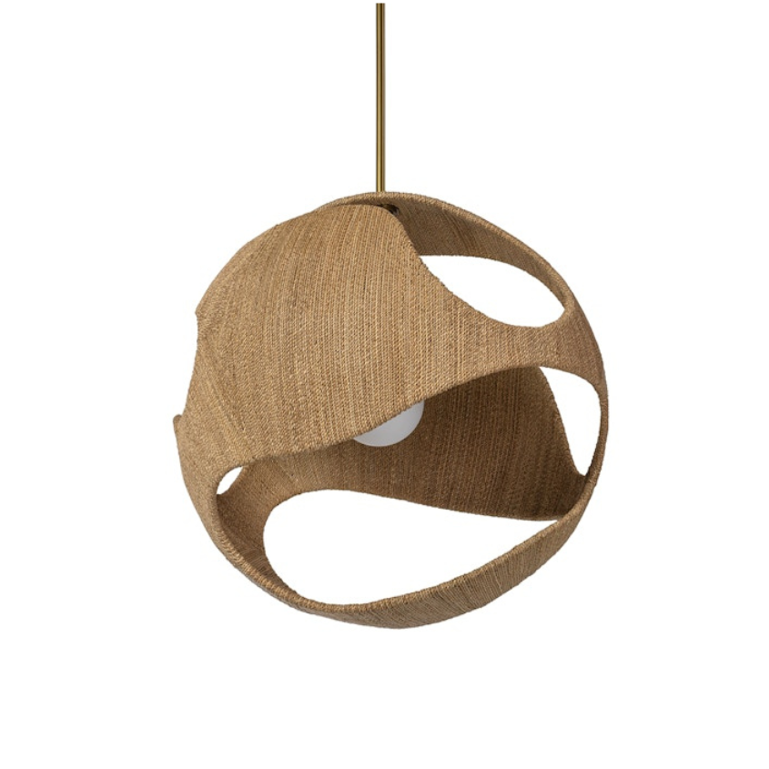 Brown woven pendant light on a white background