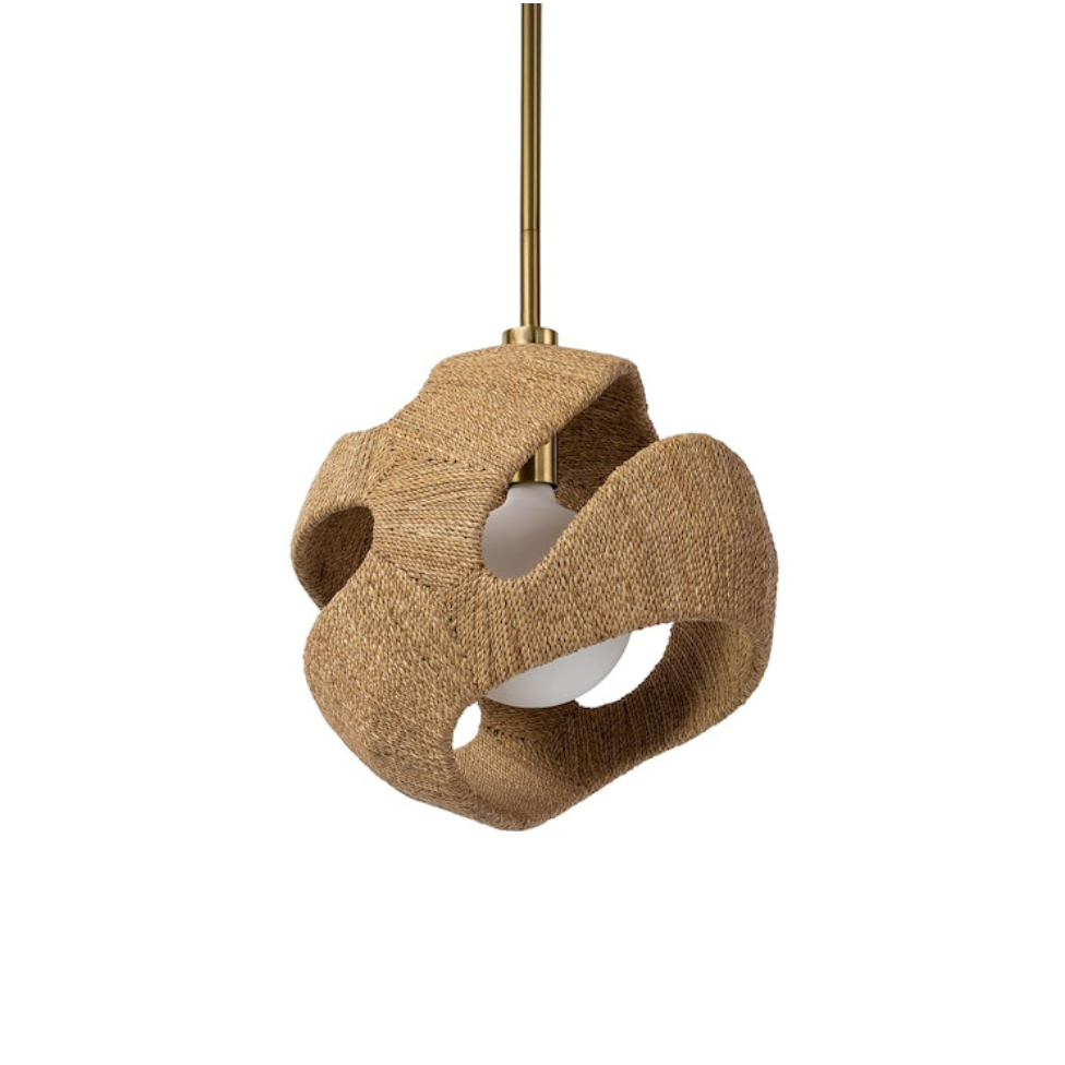 Textured pendant light with a gold fixture on a white background