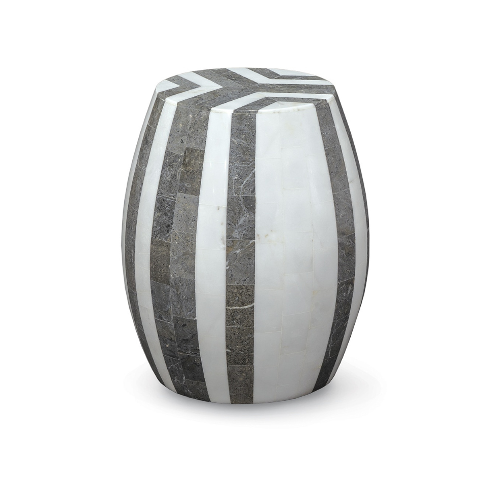 Decorative vase with black and white striped pattern on a white background
