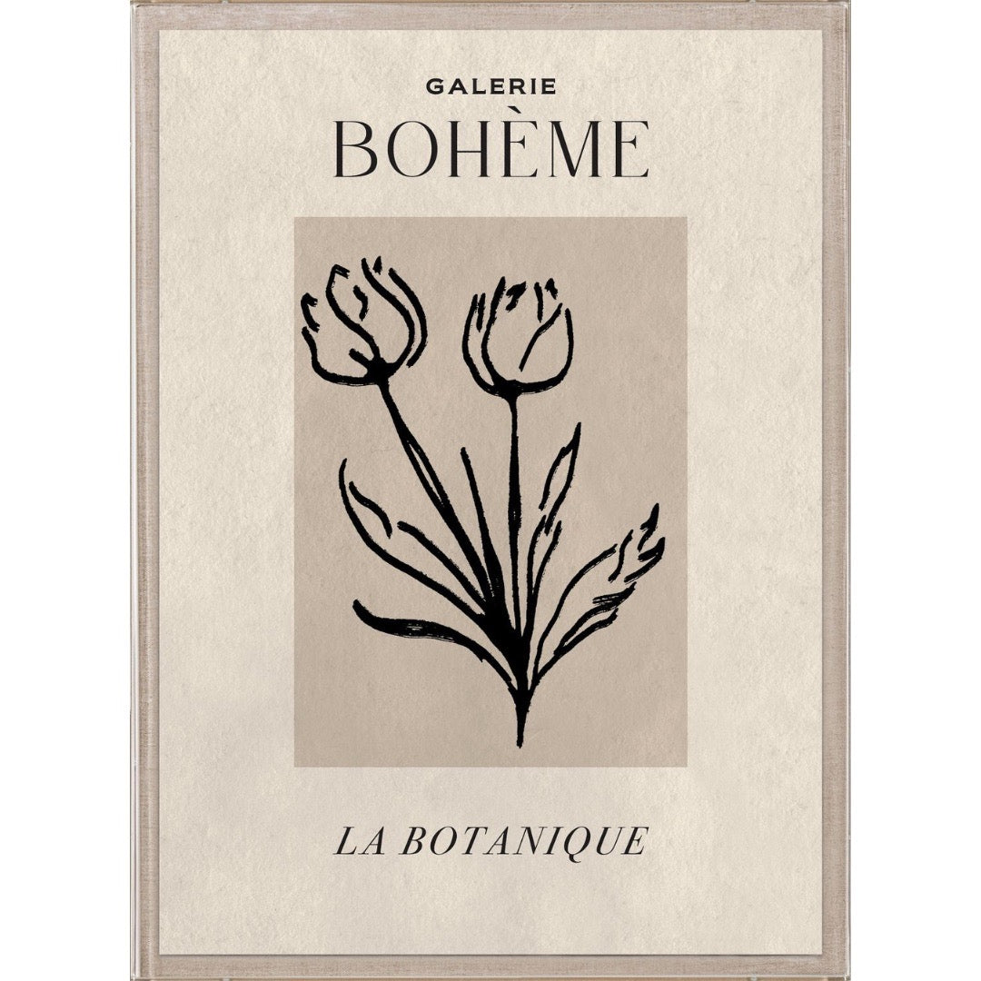 Framed artwork with black line drawing of tulips and text on a beige background