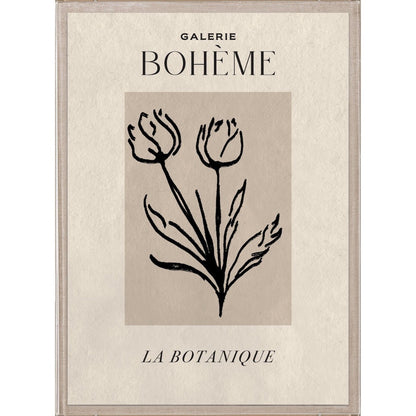 Framed artwork with black line drawing of tulips and text on a beige background