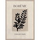 Framed artwork with black leaf design and 'BOHØME COLLECTION' text on a beige background