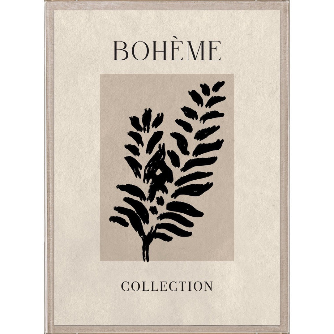 Framed artwork with black leaf design and 'BOHØME COLLECTION' text on a beige background