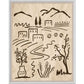 Wooden wall art with black line drawing of a landscape with buildings, trees, and a vase.