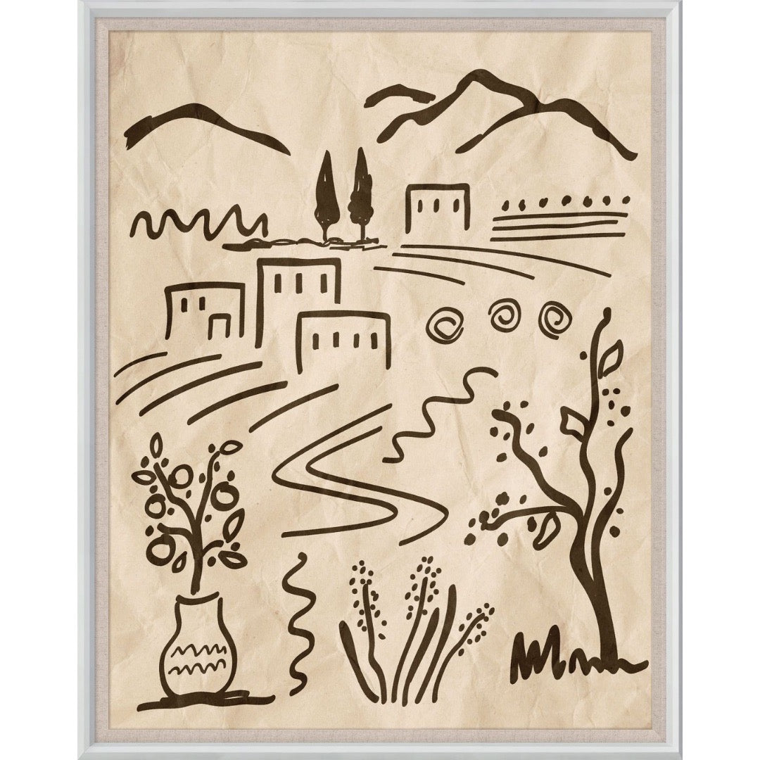 Wooden wall art with black line drawing of a landscape with buildings, trees, and a vase.