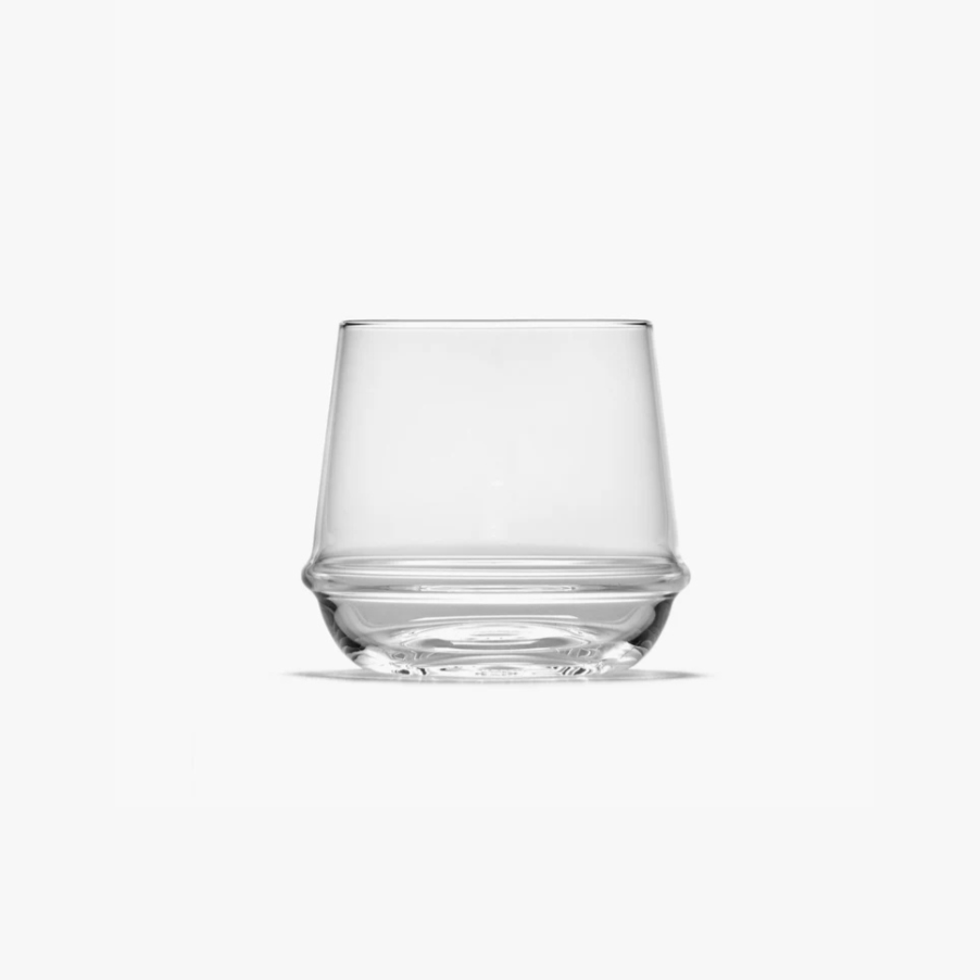 Clear glass tumbler on a white background