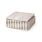 A set of square stone coasters stacked in a stack with a matching lid, made from light gray and beige marbled stone with a ribbed textured base, on a white background.