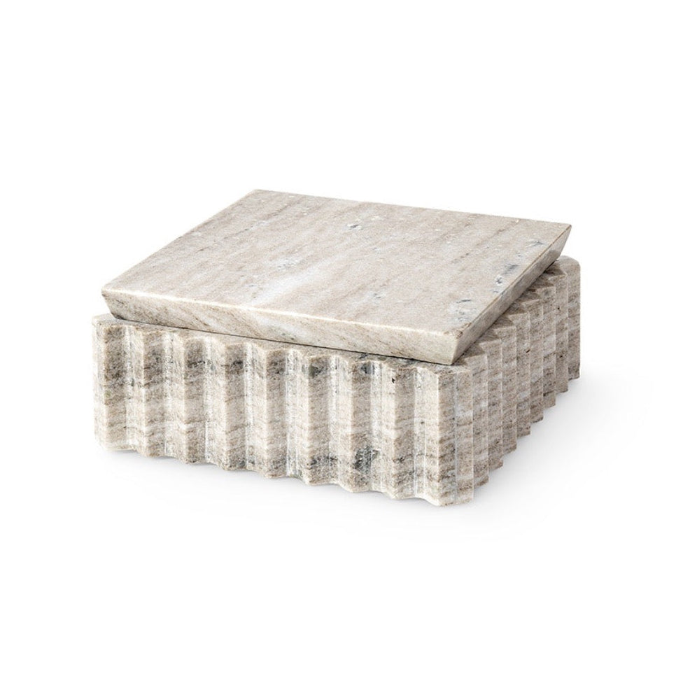 A set of square stone coasters stacked in a stack with a matching lid, made from light gray and beige marbled stone with a ribbed textured base, on a white background.