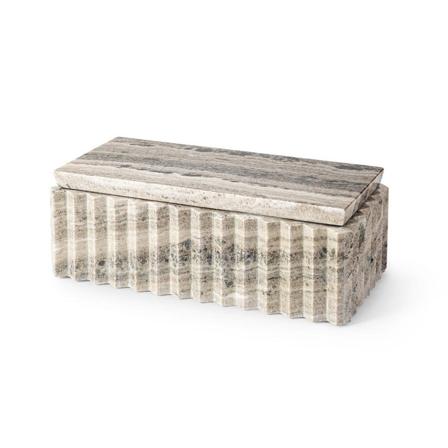A rectangular stone storage box with a lid, featuring a fluted front and a mottled gray and beige stone surface, shown on a plain white background.