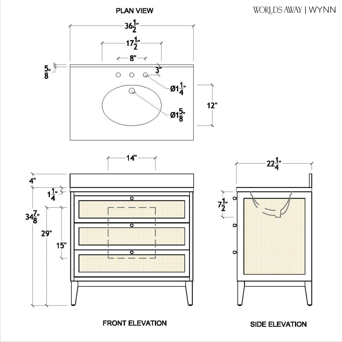 Technical drawing of a bathroom vanity with dimensions labeled