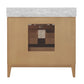 A modern single-basin vanity cabinet with a light natural wood finish and a white marble countertop, shown against a plain white background.