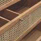 Wooden cabinet with open drawer featuring woven design