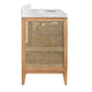 Wooden vanity with wicker pattern and white countertop on a white background