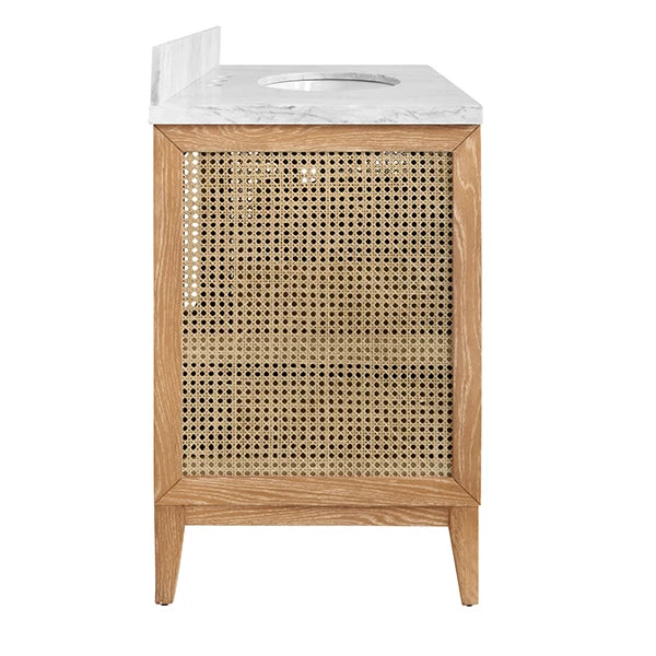 Wooden vanity with wicker pattern and white countertop on a white background
