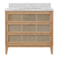 Wooden vanity with rattan drawers and marble countertop on a white background