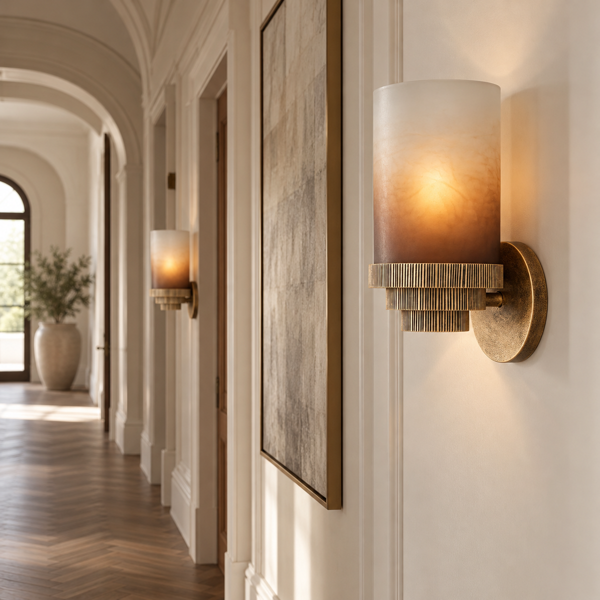 Elegant hallway featuring an ombré glass wall sconce with antique brass detailing, warm ambient lighting, neutral walls, classic crown molding, rich herringbone wood floors, and abstract artwork for a sophisticated, timeless interior.