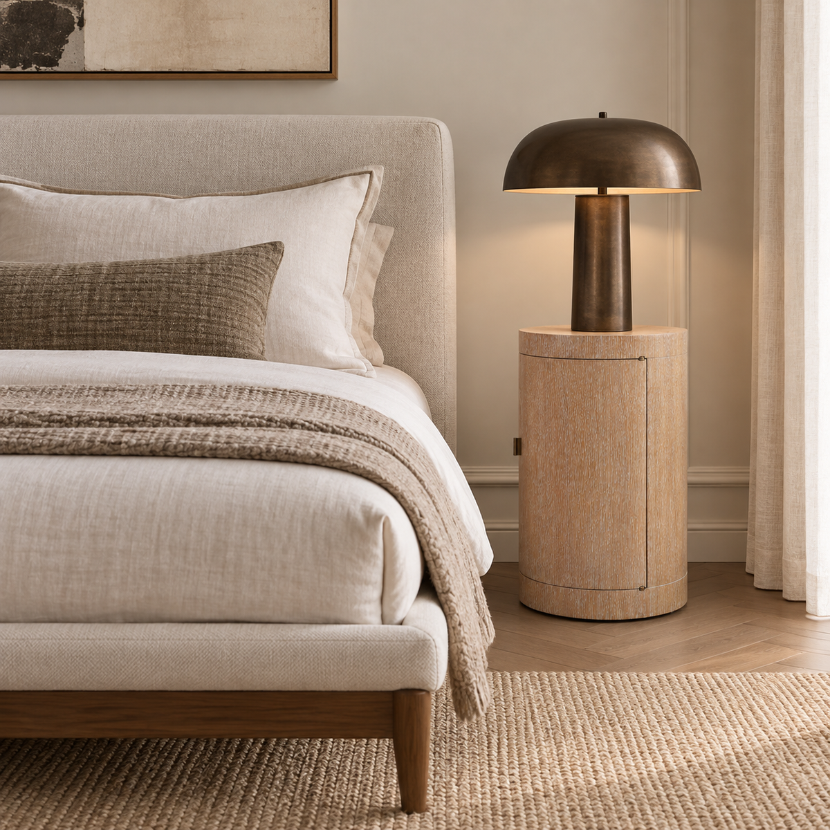 A modern bedside table lamp with a dome-shaped dark metal shade and cylindrical textured wood base, placed next to a neatly made bed in a warm, neutral-toned bedroom.