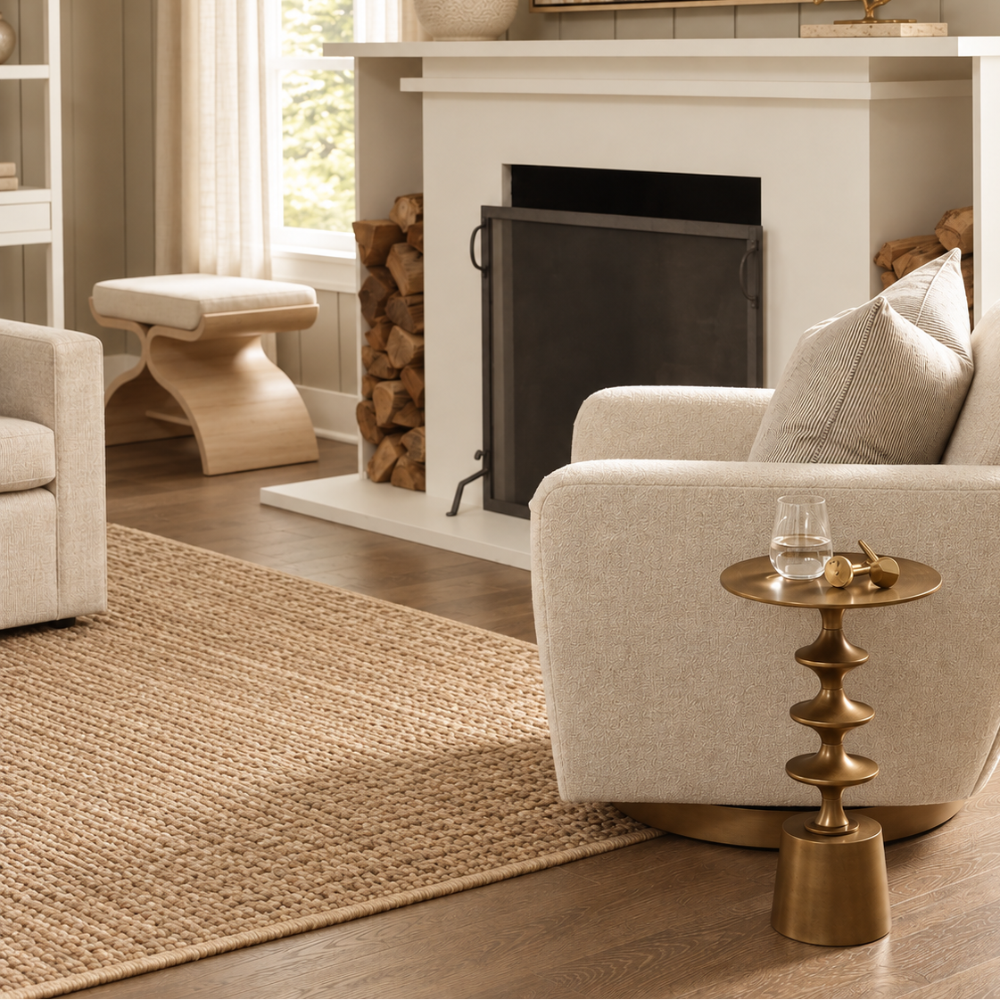 A modern living room scene featuring a light beige upholstered armchair in the foreground, a small round brass side table, a woven jute rug, and a white fireplace with stacked firewood in the background.