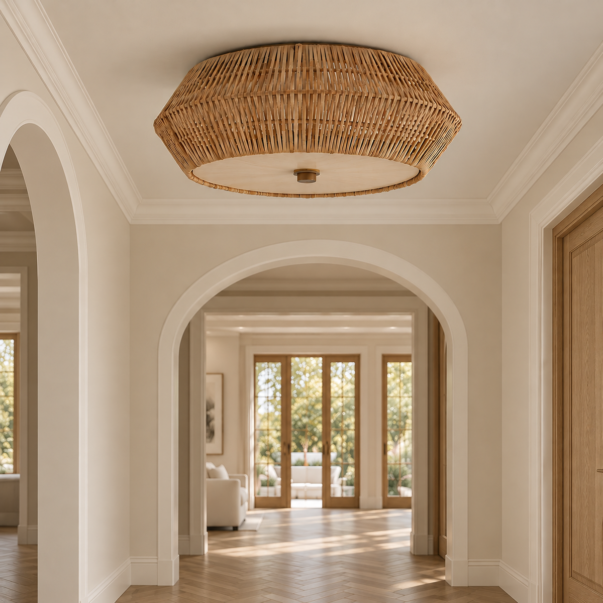 A round woven wicker ceiling light fixture with a natural tan finish, mounted on a white ceiling in a bright, modern hallway with arched doorways and light wood flooring.