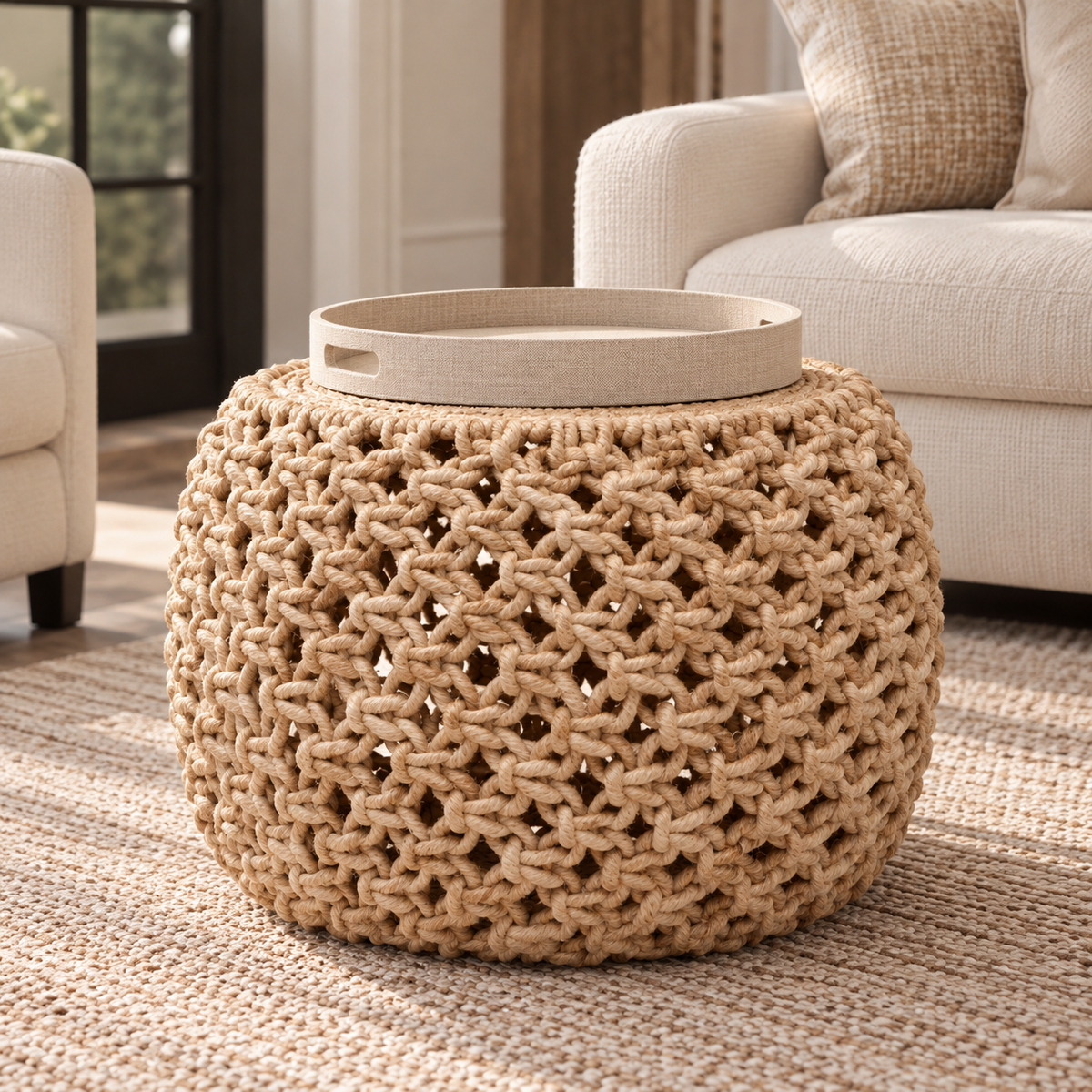 tray sitting on a abaca rope coffee table styled in a neutral living room