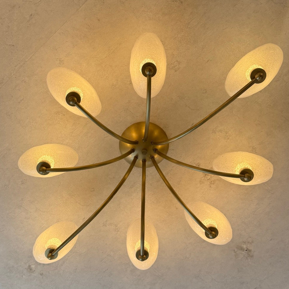 A mid-century modern ceiling light fixture with a brass-finished central hub and eight curved arms, each ending in a frosted oval glass shade. The fixture is shown illuminated against a textured off-white plaster ceiling.