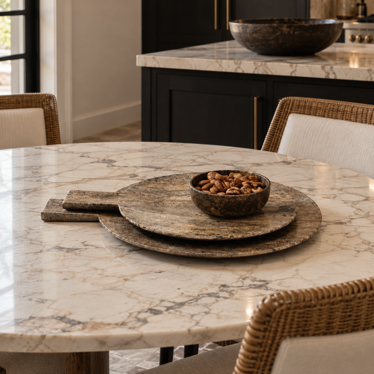 Elegant modern dining space featuring layered rustic stone serving boards and a matching bowl filled with mixed nuts on a white marble dining table, surrounded by woven rattan chairs with ivory cushions, black cabinetry, brass accents, and soft natural lighting.
